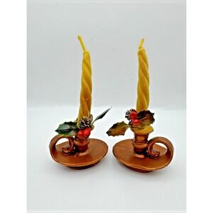 2 Vintage GURLEY Christmas & Thanksgiving chamber Candle-sticks Pinecone Tree